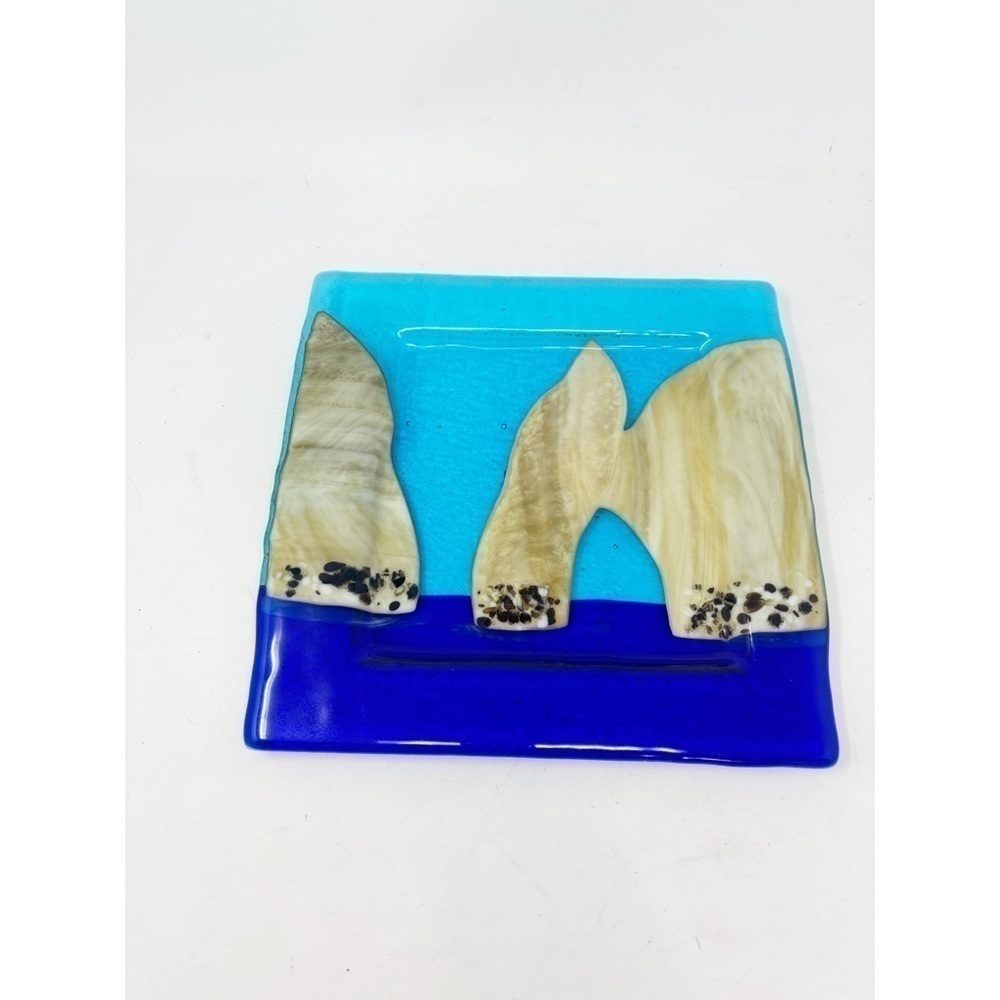 LOS CABOS Square Blue Beige Fused Glass Platter Serving Plate 11” X 11”